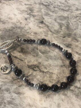 Vintage Garnet Gemstone Beaded Bracelet with Toggle clasp and Om (Aum) Charm.